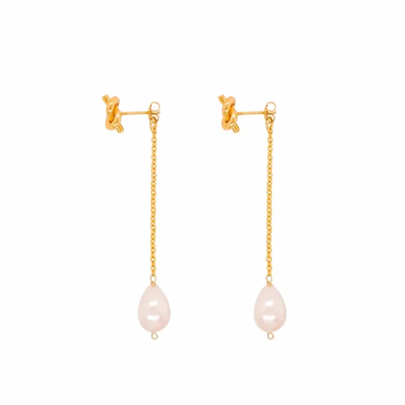 

Valentine's Day Gold Plated Brass Long Tassel Freshwater Pearl Pendant Earrings Natural Baroque Pearl Knot Drop Earrings Lady