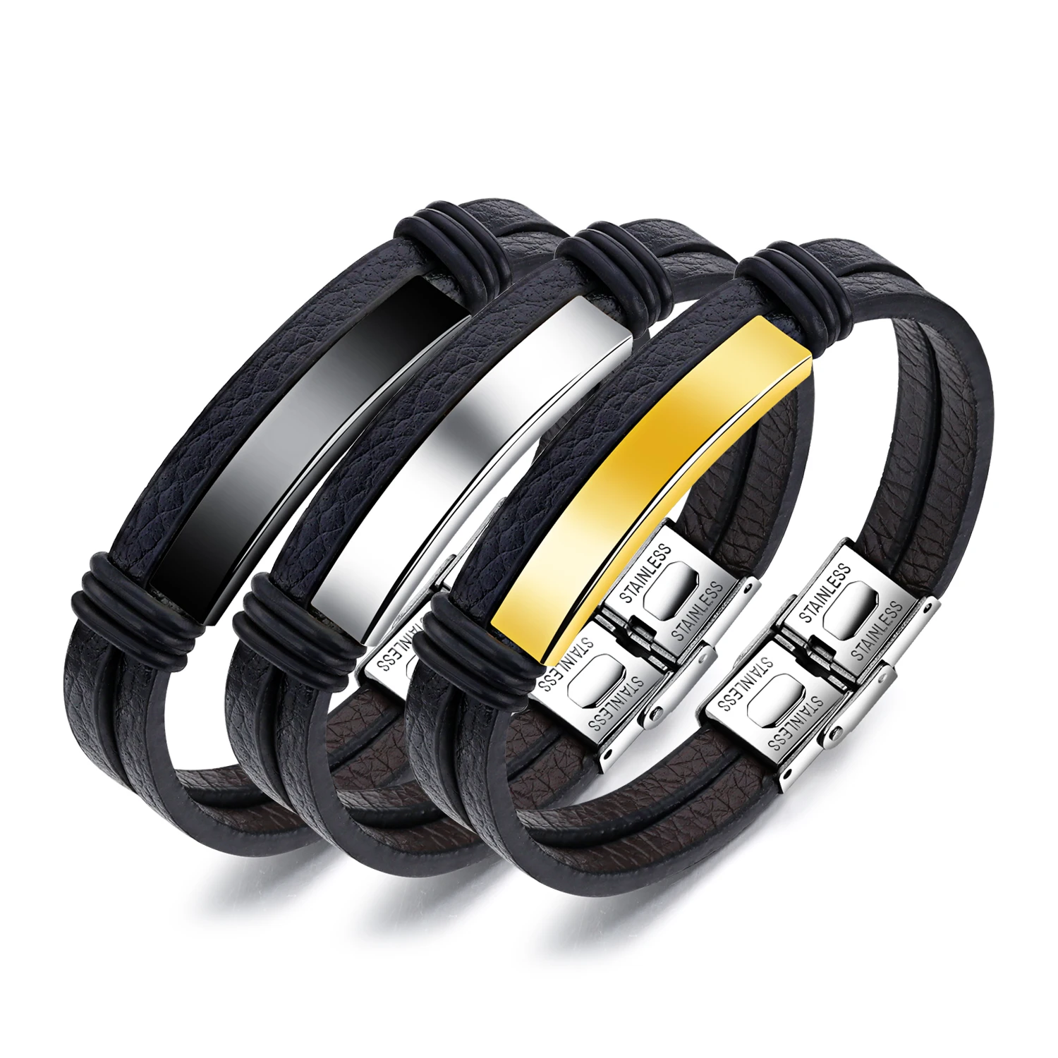 

Silver Black Custom Logo Engraved Two Layer Fashion Amazon Hot Selling Cheap Price Men Stainless Steel Leather Bracelet