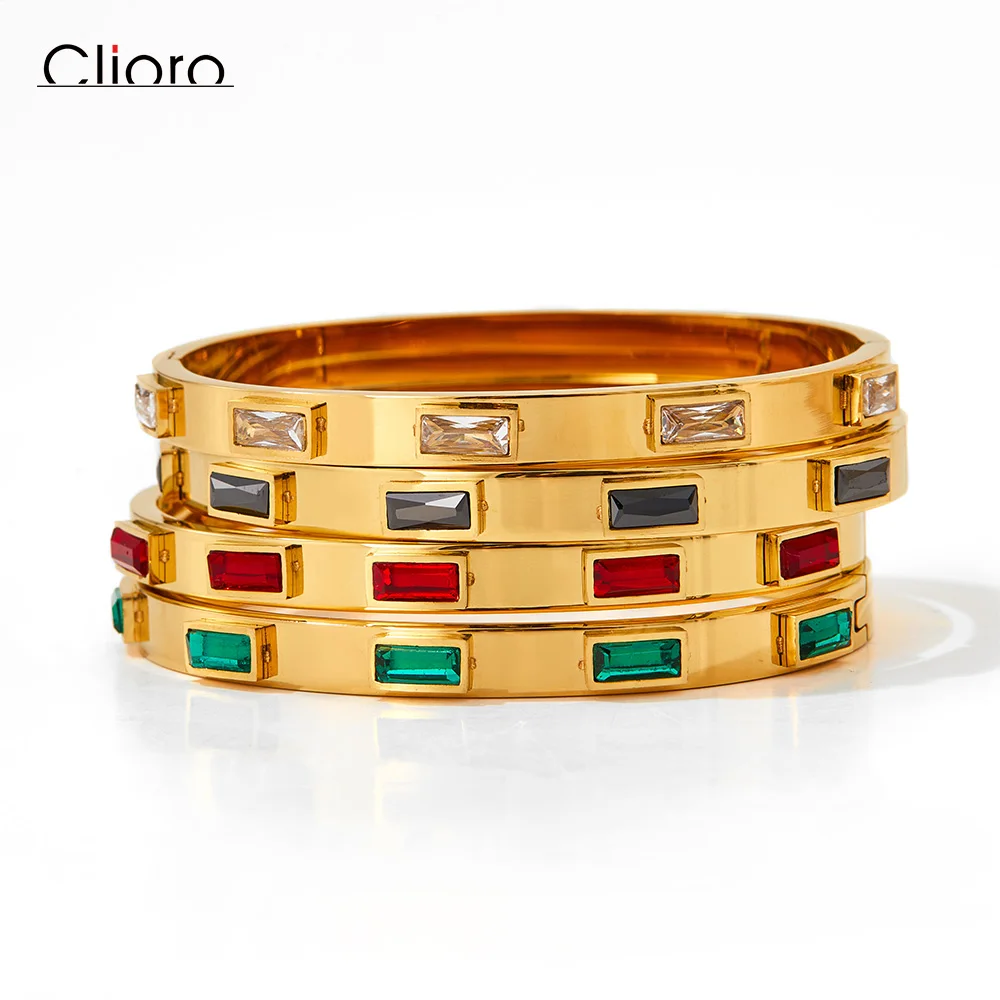 

18k Gold Plated Green Cubic Zirconia Bezel Setting Dainty Stainless Steel Bangles For Women As Gift