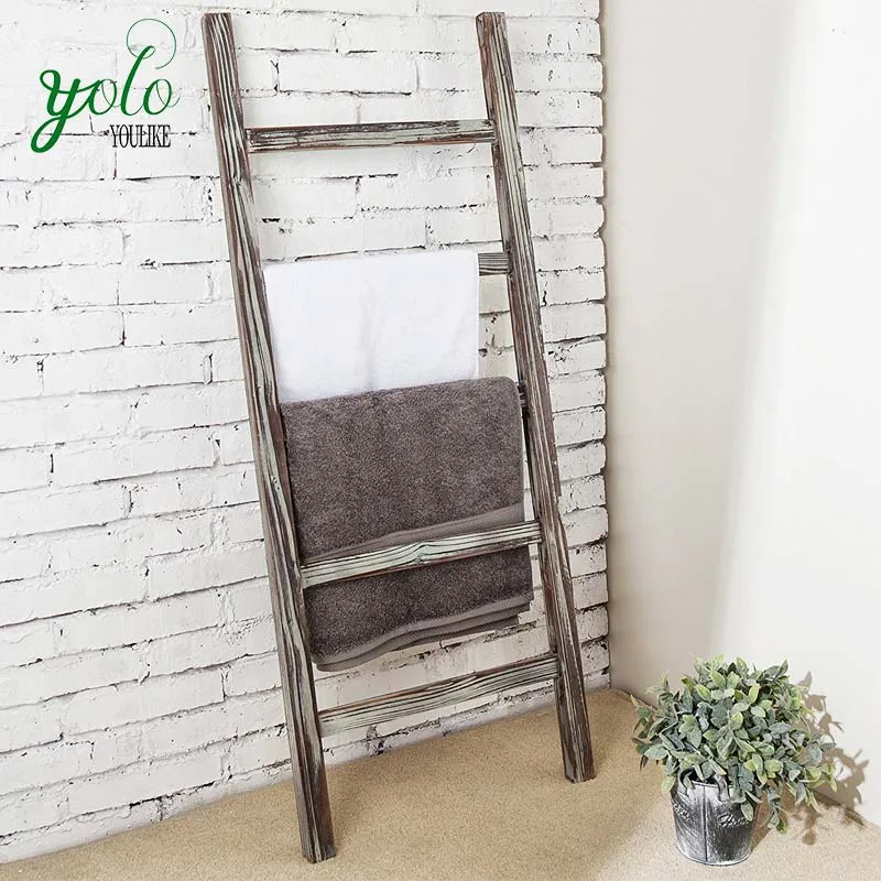 

Rustic Barnwood 5-Rung Blanket Ladder Organizer, Hanging Towel Bar Rack, Natural
