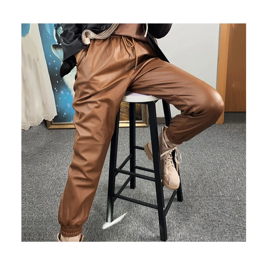 

Durable Sheepskin Leather Pants Women High Waist Pleated Elastic Laced Up Brown Leather Pant