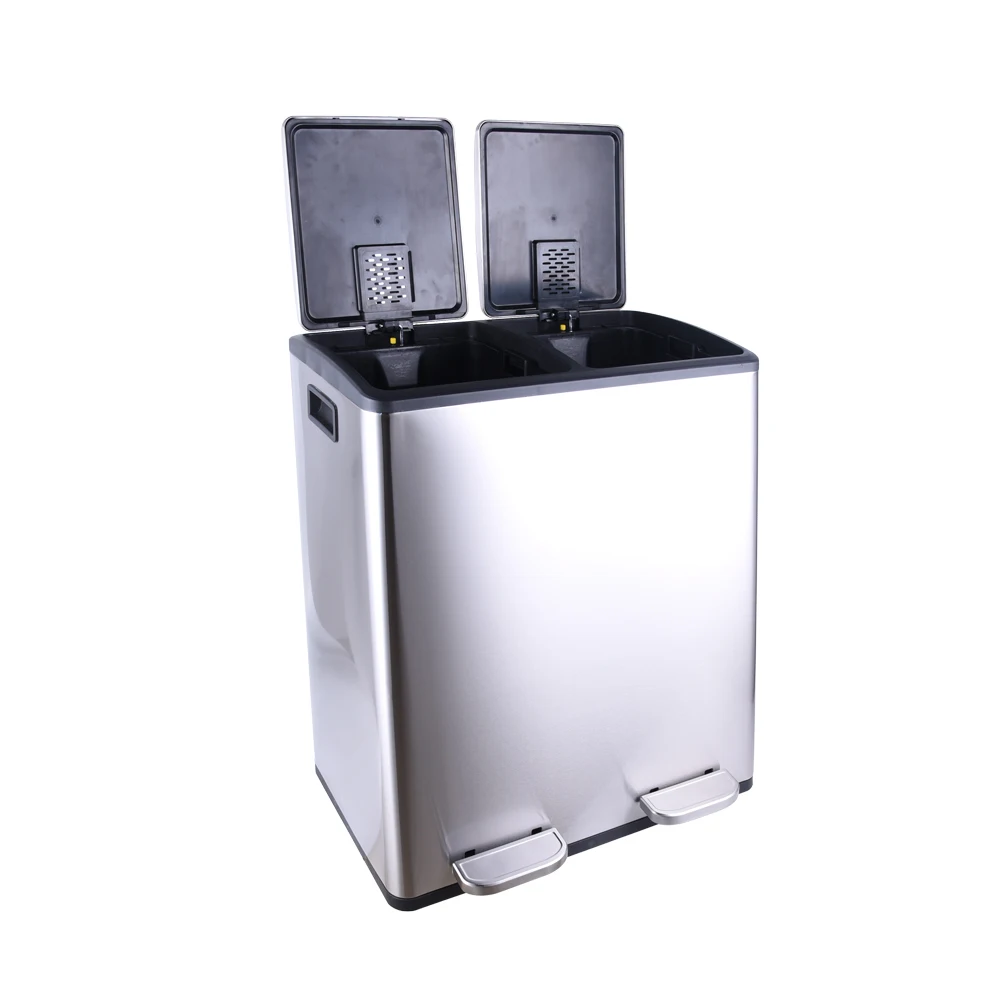 
industrial foot pedal recyclable 60L foldable trash bin Square Stainless Steel double compartment pedal cabinet waste bin trash 