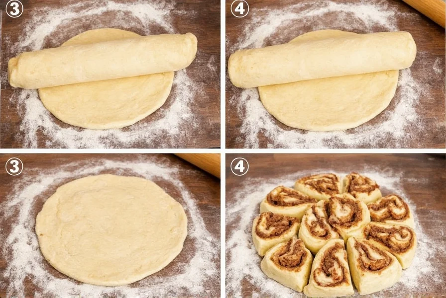 Step-by-step process showing cinnamon roll dough being rolled, filled with cinnamon sugar, and cut into individual rolls on a floured wooden surface
