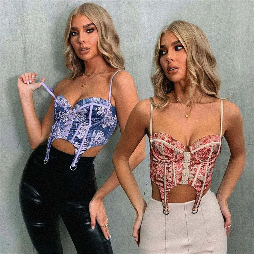 

2021 Women Vintage Corset Tops Sexy Sleeveless Camisole Tops New Casual Floral Printed Spaghetti Strap Tops