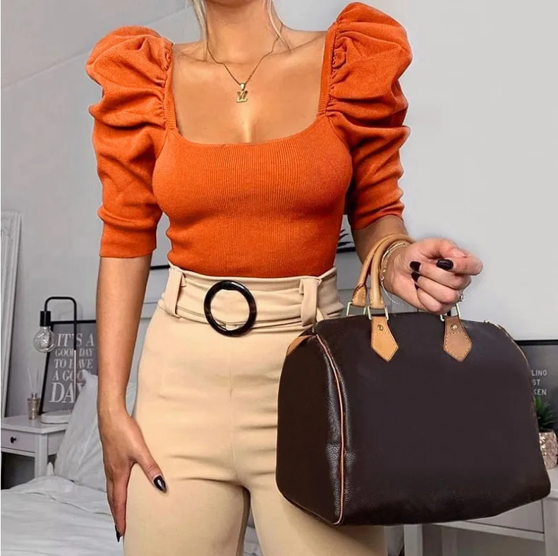 

2020 fall clothing for women vintage puff sleeve top square neck half sleeves tops woman blouses, Custom color