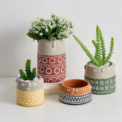 

AAA210 Nordic Style Cute Abstract Cement Decoration Flowerpots Coffee Shop Counter Artificial Plant Potting Face Flower Pot, Multi colour