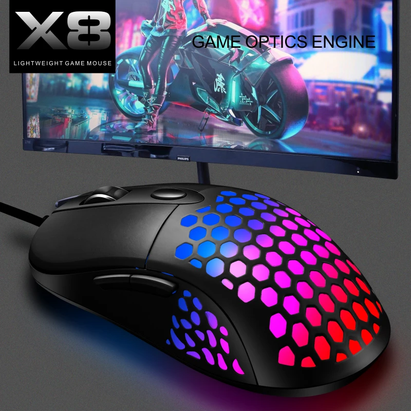 

Newly designed holed cellular mouse RGB6D optical wired gaming mouse, Black