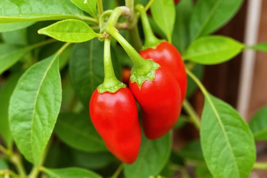 Close-up of fresh red cayenne peppers on green leaves