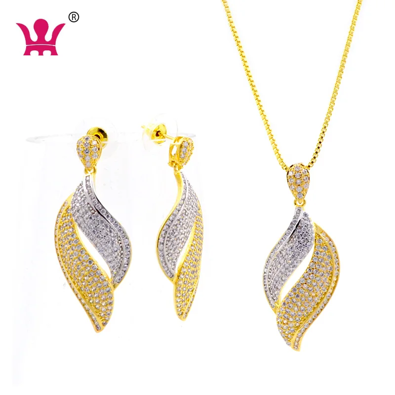 

Elegant wedding 3a cubic zirconia leaf pendant necklace earring jewelry set, White stone,platinum,gold,mix