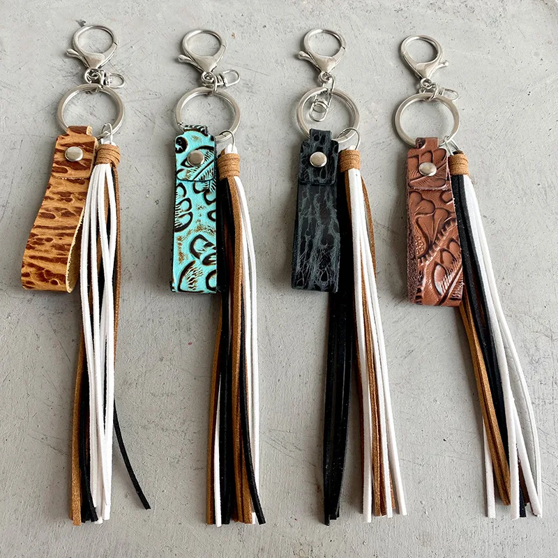 

Vintage Hand Embossed Brown Blue Black Calf Leather Tassel Keychain Personality TEACH Keychain Pendant