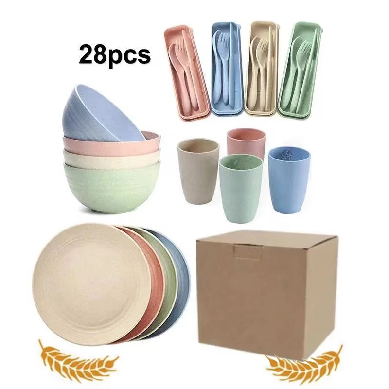 

28 PCS /Set Eco Friendly Unbreakable Dinnerware Set Food Container For Kids Wheat Straw Cutlery Cups Bowl Plate Dinnerware Sets, Blue / beige / pink / green