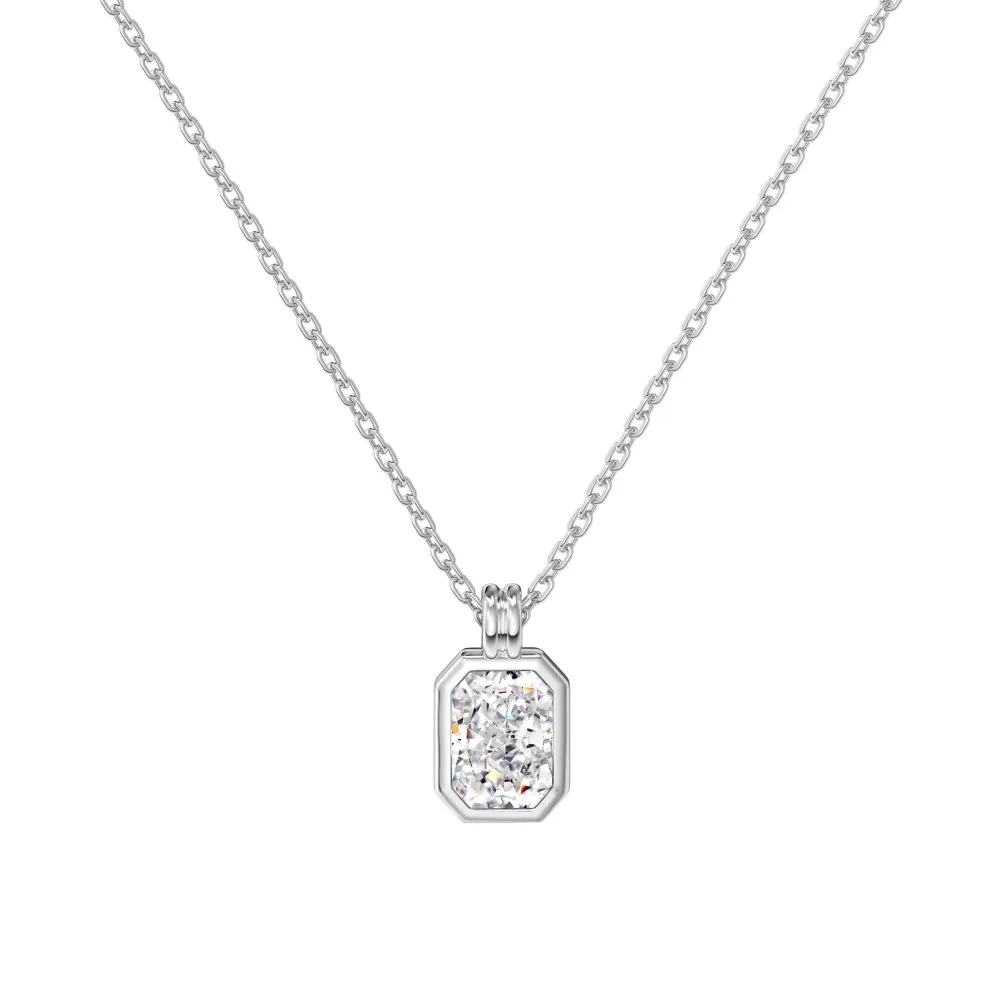Dylam Classic Design Collection 925 Sterling Silver Chain Link Solitaire Rectangle 8A Cubic Zirconia Stone Pendant Necklaces