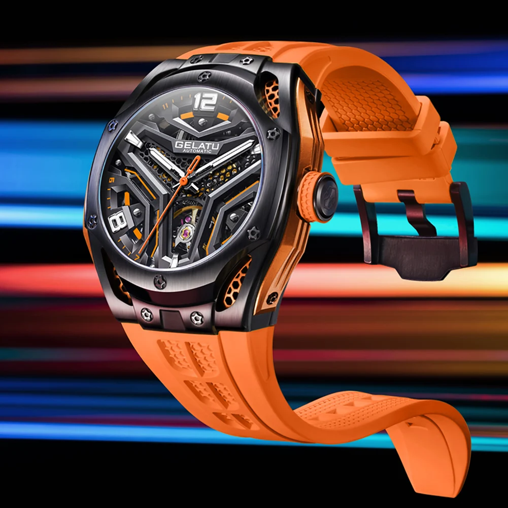 

GELATU 6007 oem customizable watch Skeleton hollow tourbillon Rubber strap fashion sports automatic mechanical watch for man