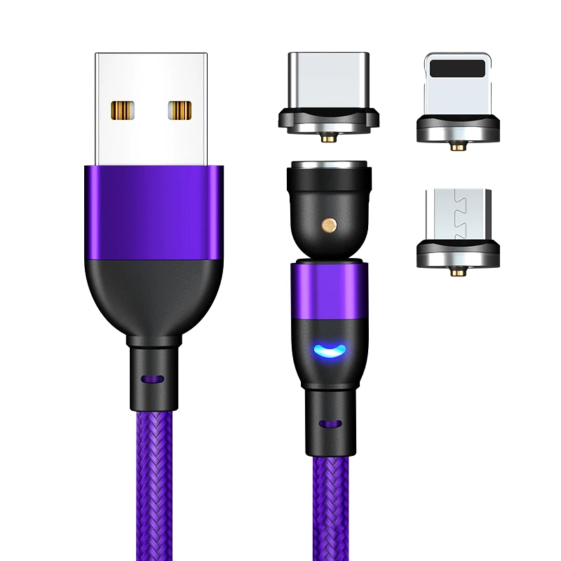 

Best Seller 540 Rotation Data Cable Magnetic Charging Cable for iPhone Mobile Phone 3 in 1 Magnet USB Charger Cable, Red,black, purple