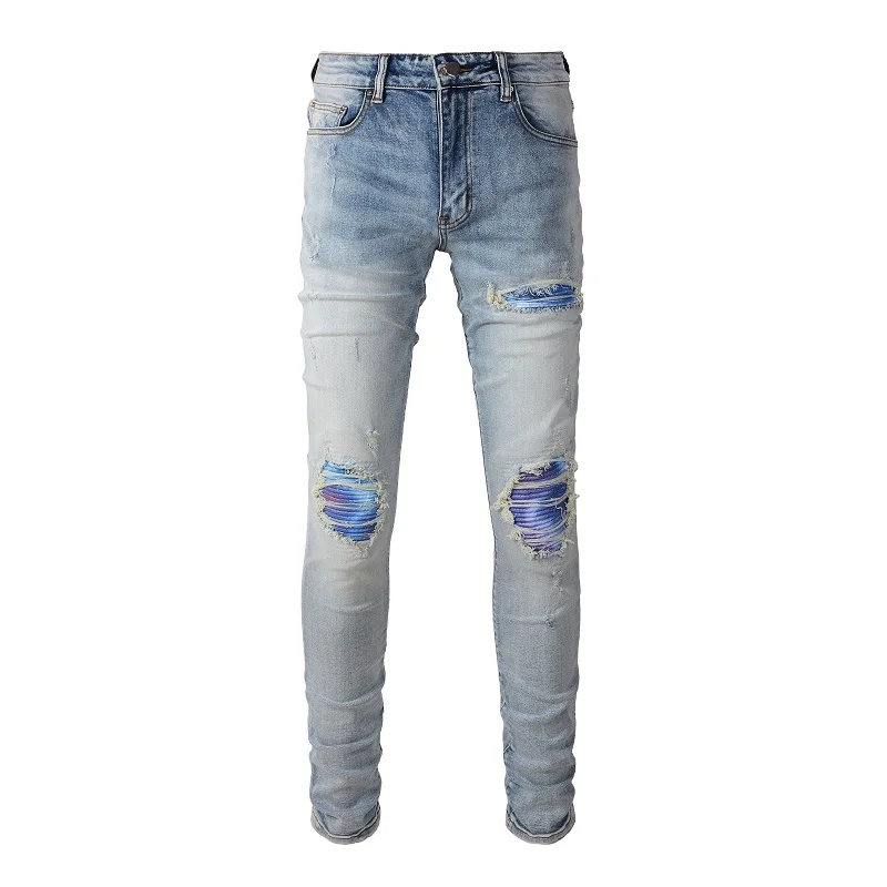 

Rts For Dropshipping 6646 High Waist Embroidery Denim Slim patchwork Denim Skinny Man Jean