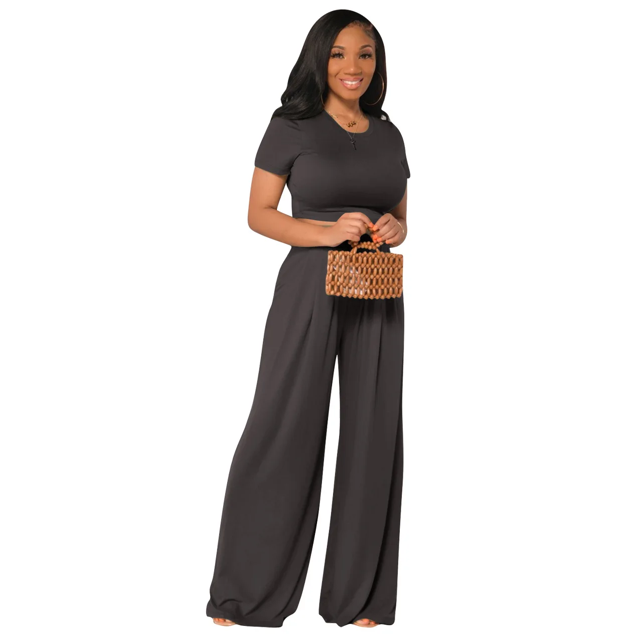 

Crop top jumpsuit casual two piece set women clothing, Milky,black