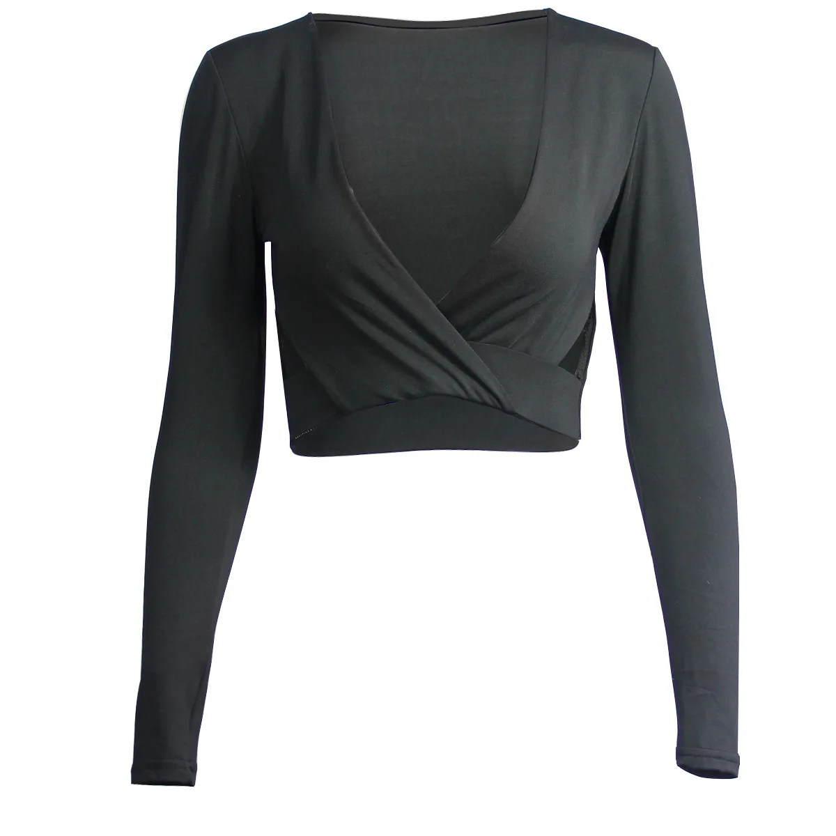 

European and American Sexy Deep V Elastic Slim Long-sleeved Short Top Autumn and Winter Women's Clothing