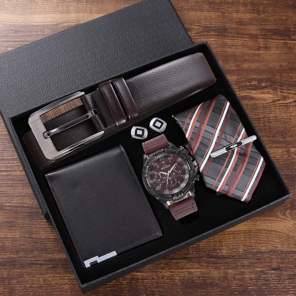 

Men's Leather Strap Watch 5pcs Gift Set Large Dial Quartz Watch + Belt + Wallet + Tie + Cufflinks With Box Business Male Watches