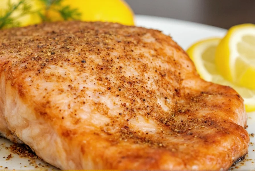 Close-up of lemon pepper seasoning sprinkled on grilled salmon with fresh lemon slices and dill garnish