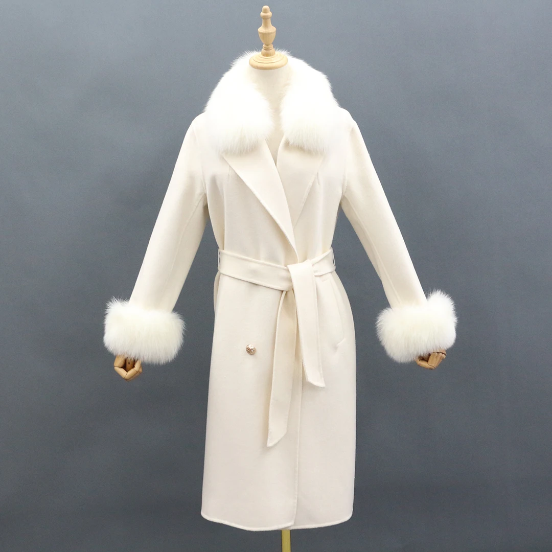 

Janefur New Fashion Winter Long Style Real Fox Fur Trim Plus Size Double Woolen Cashmere Coat