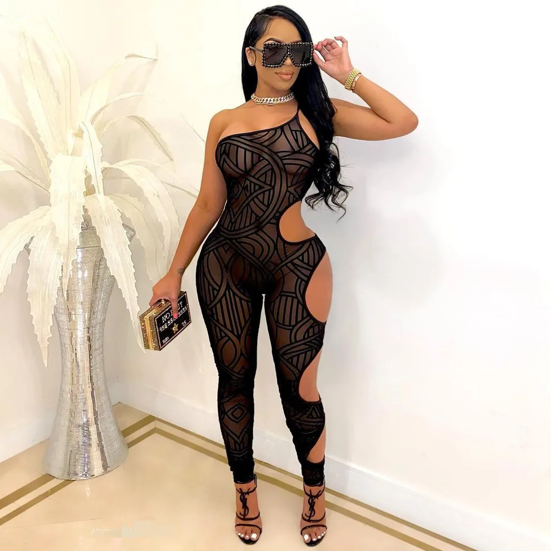 

2021 Spring Ladies One Shoulder Mesh See Through Women Bodycon Cut Out Black Strapless Party Club Romper Jumpsuit, Picture