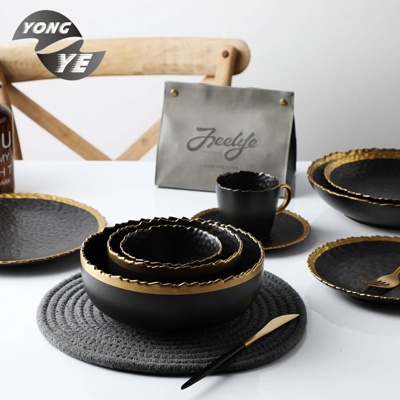 

Modern kitchen decorative golden rim black ceramic set of eight dinnerware sets, Black + gold