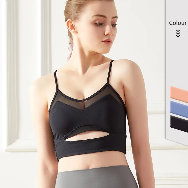 

Promotional knot mesh Perspective Bandage crop top Sleeveless Padded Bras backless Solid color Workout Hipster sexy women bra