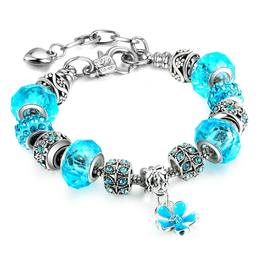 

New style Amazon silver plated flower beads bracelet Women blue flower Charm Bracelet JSA208