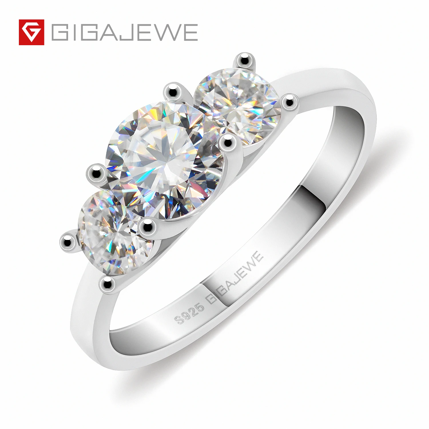 

GIGAJEWE Moissanite 1.2ct 5.5mm+2X4.0mm Round Cut EF Color 925 Silver Ring Gold Multi-layer Plated Fashion Girlfriend Gift, White f color