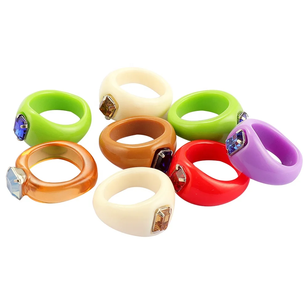 

Trendy Jelly Multi-color Resin Acrylic Ring Rhinestone Colourful Square Round Rings Colorful Diamond Round Acrylic Ring