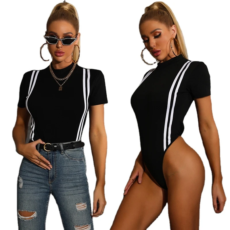 

2021 short sleeve striped bodysuits for women sexy body top high collar summer jumpsuit black women tank top bodysuit