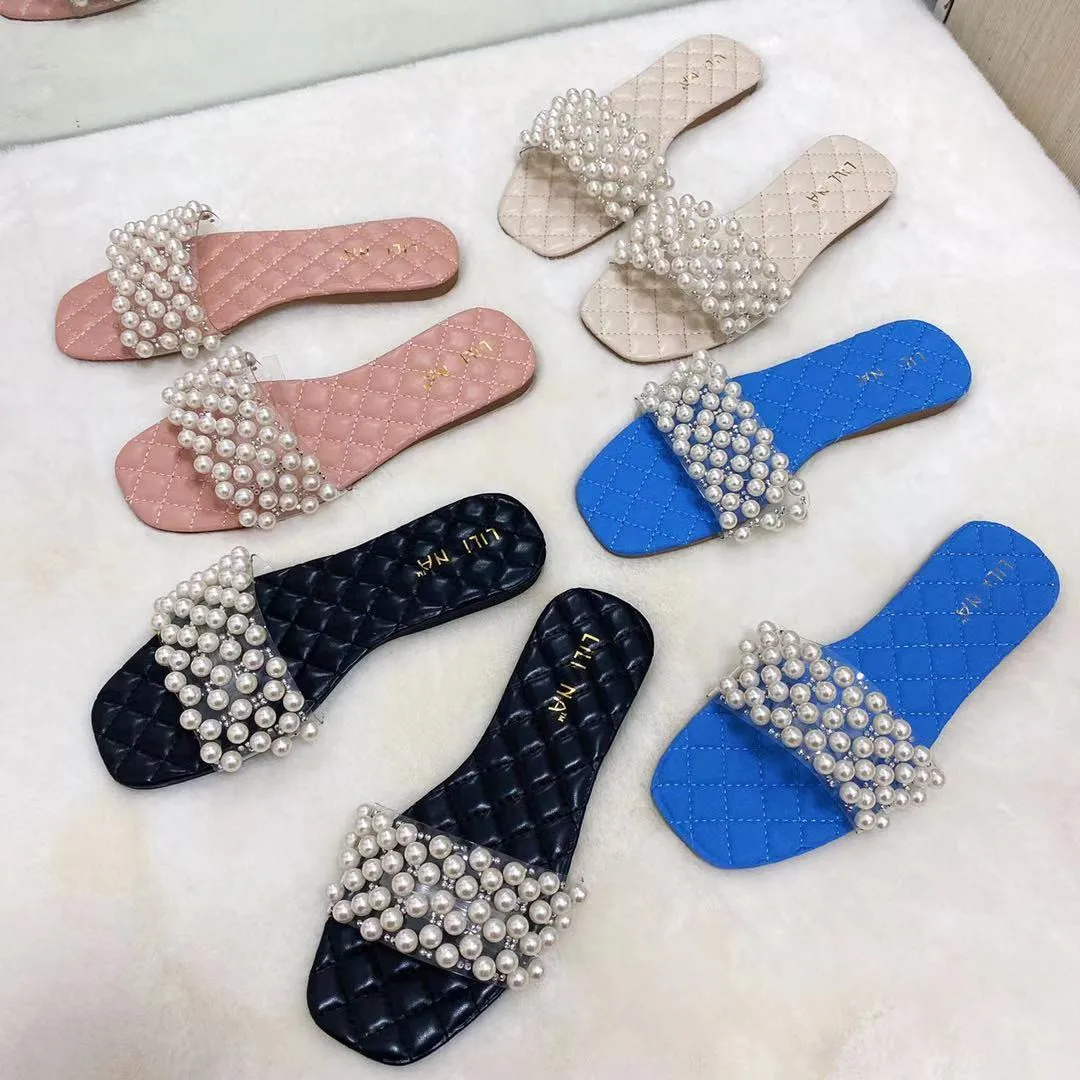 

Designed for women Fashion summer solid color flat shoes with pearl diamond word with open toe ladies beach vacation slippers