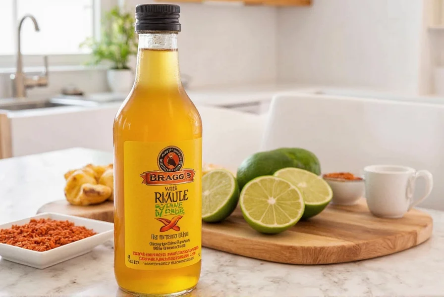Close-up of Bragg's apple cider vinegar bottle next to cayenne pepper flakes showing natural ingredients
