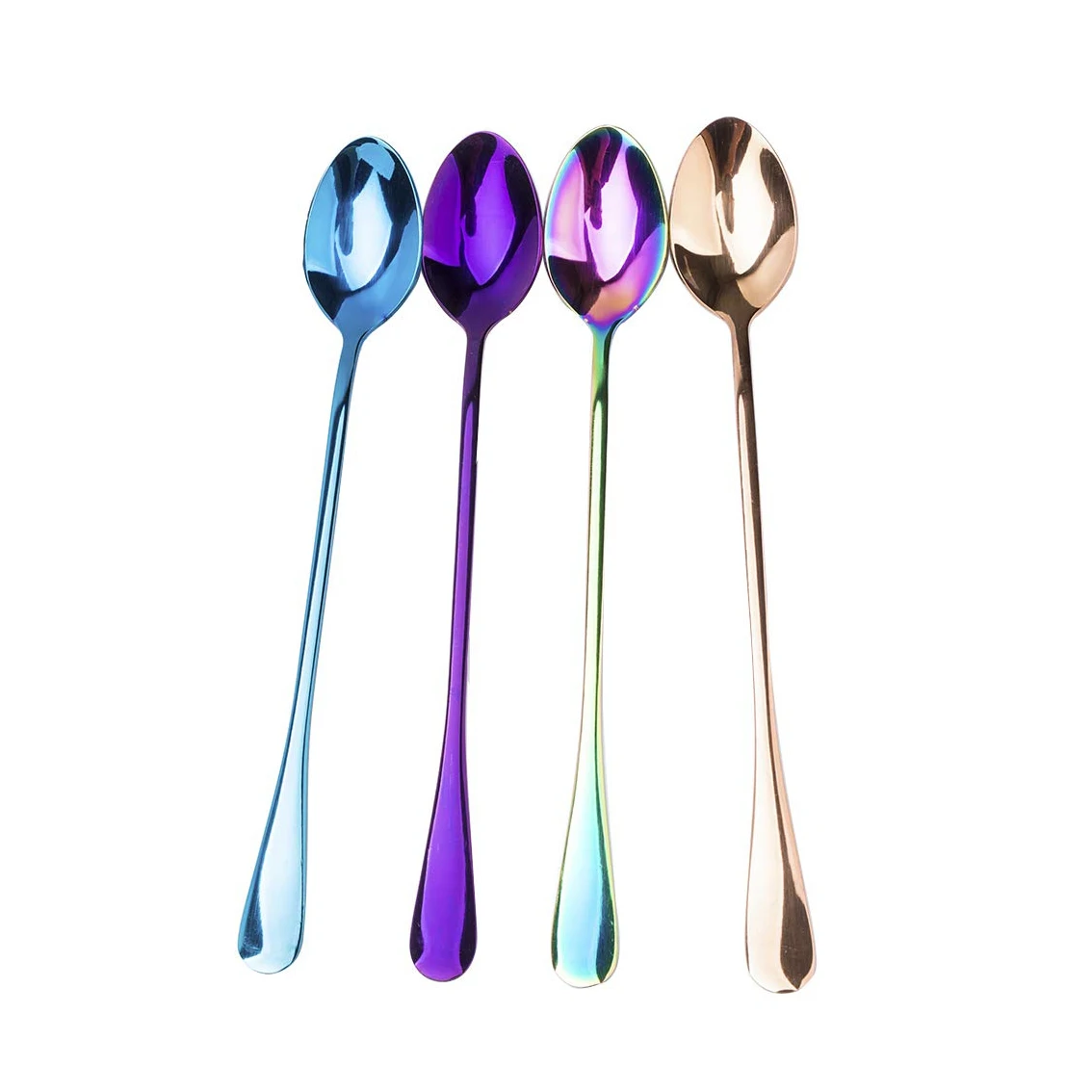 

4PCS Latte Spoon Set Long Handle Stainless Steel Ice Cream Dessert Tea Spoon Cocktail Stir Spoons For Picnic, Silver, rose gold, gold, rainbow and black