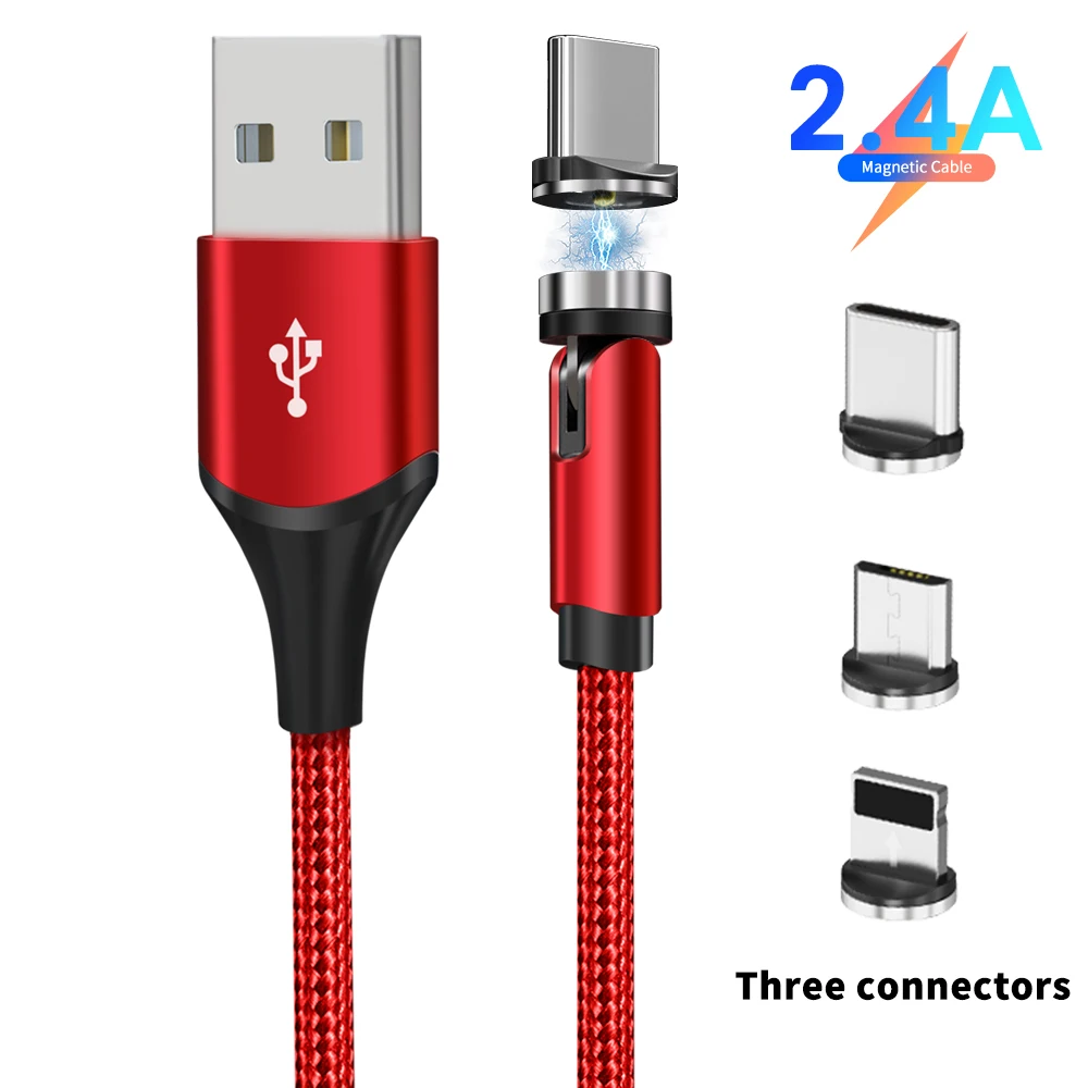 

3 In 1 540 Degree Rotation Magnetic Cable Grados Magnetico Nylon Braided Magnetic Phone Charger with LED Light, Black red