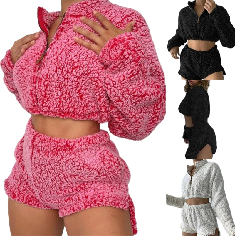 

2021 Plus Size Fall Women Clothing Loungewear Long Sleeve Pullover Zipper Sweatshirt Short Pants Set Fuzzy Two Piece Pants Set, Picture shows