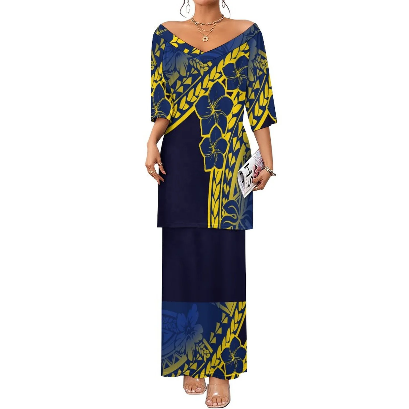 Polynesian Samoan Prom Top And Skirts Two Pieces Set Casual Floral Long Dress Maxi Beach Plus Size Puletasi Women's Dresses