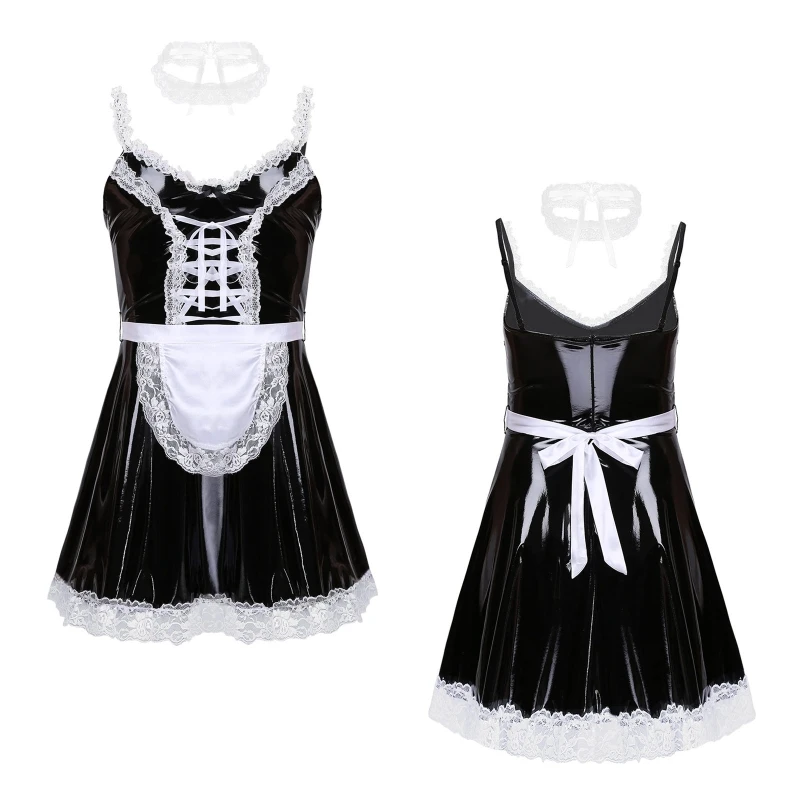 

Custom Mens Shiny Latex Lace Trimming Sissy Maid Dress With Apron and Neck Strap Cosplay Outfits