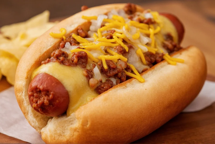 Close-up of authentic chili hot dog with melted cheese, onions, and mustard on a soft bun