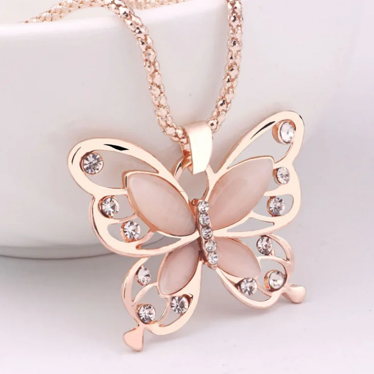 

Wholesale Fashion Opal Hollow Butterfly Diamond Necklace Sweater Rose Gold Chain Butterfly Necklace For Women Jewelry Making