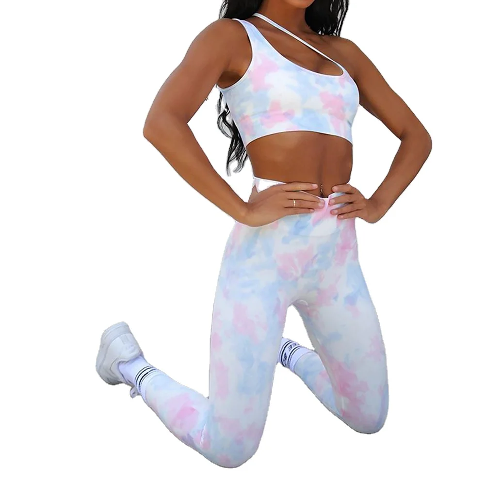 

Scrunch Butt Lifting Printed Yoga Leggings with Sports Bra Gym Clothes Womens Tie Dye 2 Pieces Workout Sets