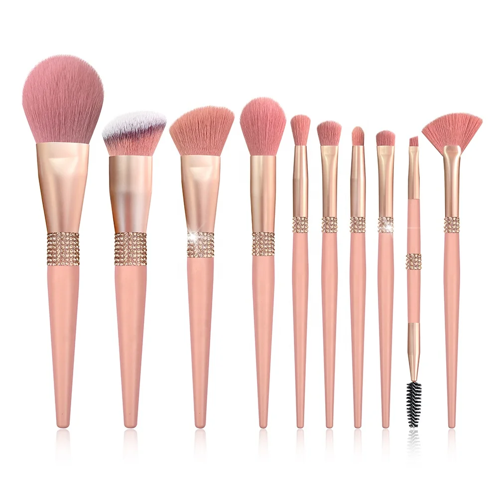 

Hot Selling Factory Wholesale Crystal Diamond Handle 10pcs High Quality Beauty MakeUp Brushes Bing Glitter Makeup Brush Sets, Pink, gold, rose gold, blue, silver