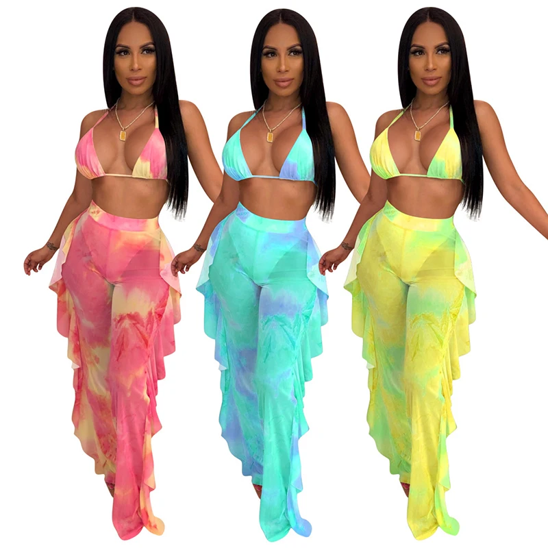 OXGIFT wholesale neon bikini and ruffled high waisted cover up pants two piece sexy women beachwear swimwear