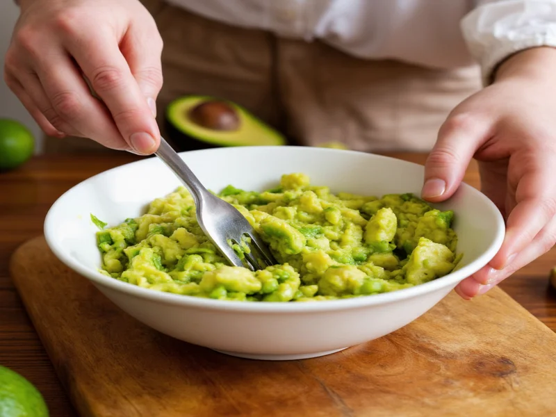 Hand mashing avocados with fork in ceramic bowl
