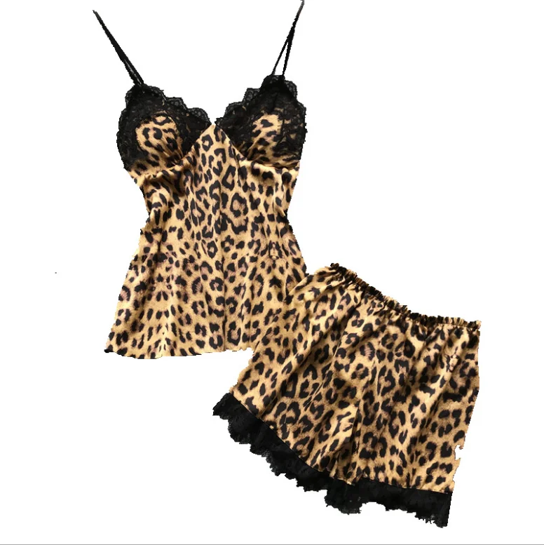 

AYP0218 silk suspender shorts pajamas with chest pad gathered lace leopard print sexy pajamas homewear suit