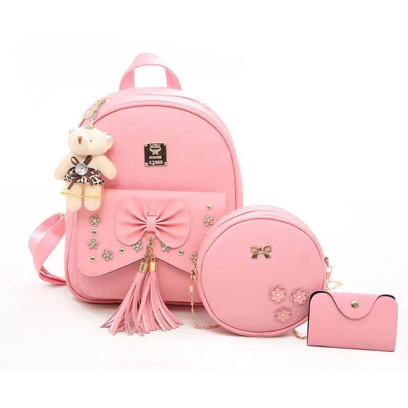 

Fashion Cute Bear Pendant Flower Tassel Three-Piece Set Women Backpack, Black/gray/pink/beige