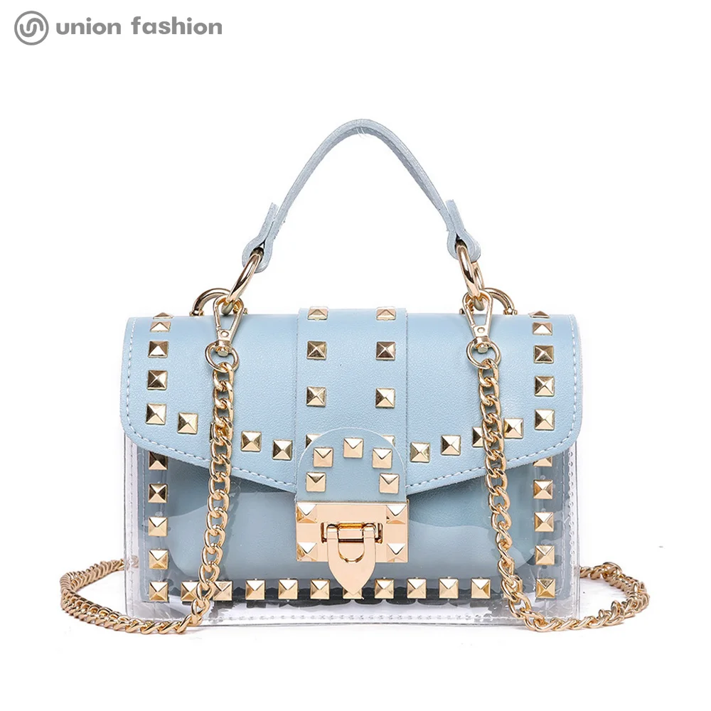 

High Quality Fashion Luxury Rivet Decoration Jelly Candy Handbags Crossbody Bags Purses, Black/pink/white/yellow/blue