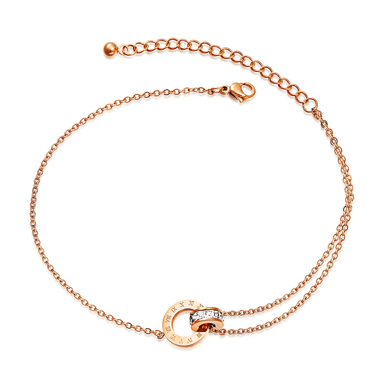 

Amazon hot sell rose gold double circle zircon stainless steel anklets for women (SK1023), As picture