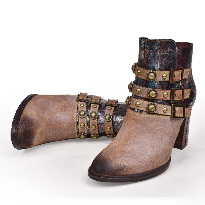 

Women Cowgirl Ankle Boot Vintage Studded Cowhide Leather Handmade High Block Heels Comfy Boots Unique Booties Plus Size
