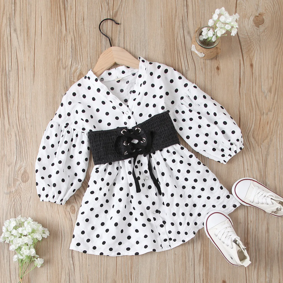 

Fashion Girls Woven Cotton Pure Color V Neck Long Sleeve Shirt Stretch Denim Belt 2 Piece Set